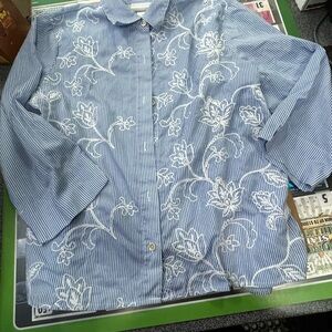 Alfred Dunner Blue and White Striped Button-Up Shirt